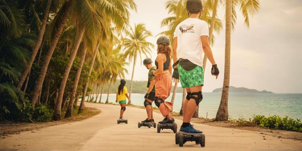 A group of people on electric skateboards along a palm tree-lined path by the sea. 1
