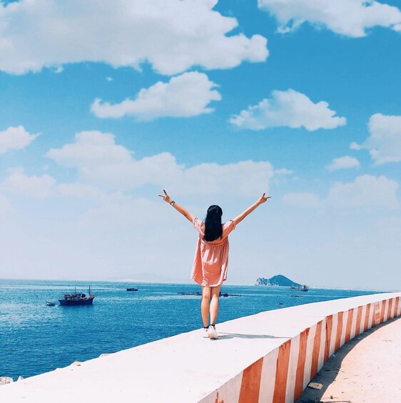 A woman in a pink dress standing on a concrete ledge with her arms outstretched, overlooking a calm sea with boats and a distant island. 1
