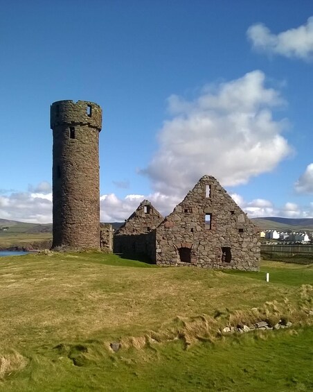 A stone tower and ruins in a grassy field with a clear sky. 3