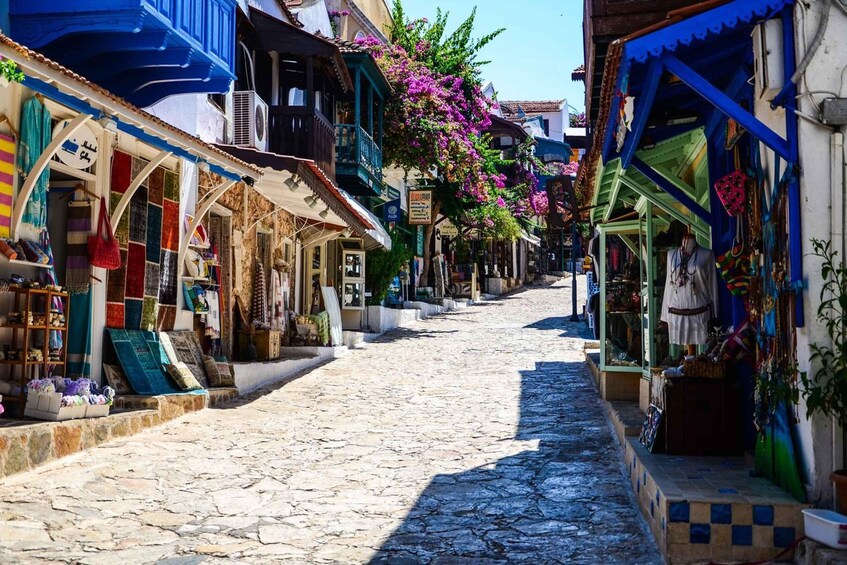 A cobblestone street lined with colorful shops and balconies. 4