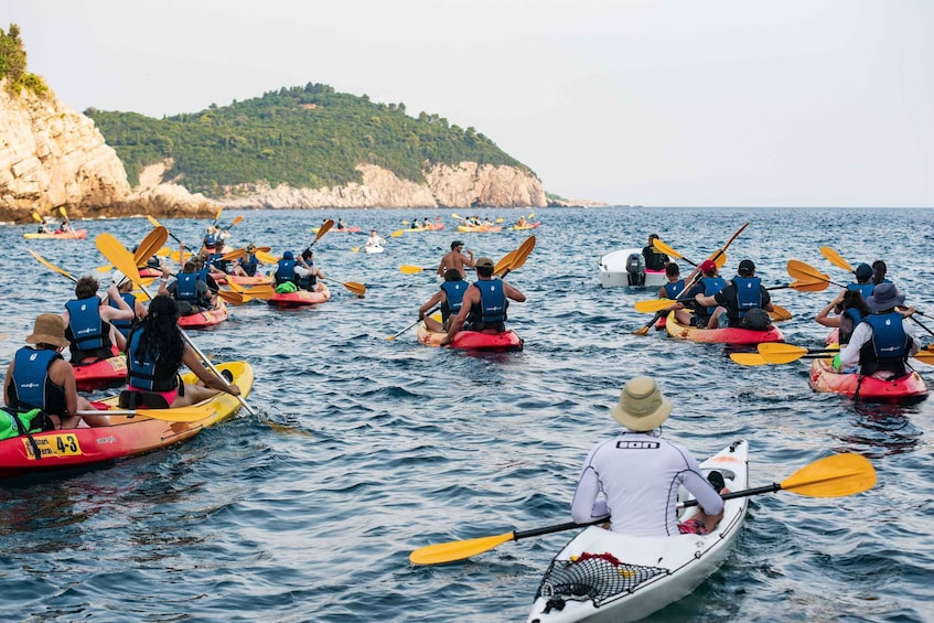 A group of people kayaking on a calm sea with cliffs in the background. 2
