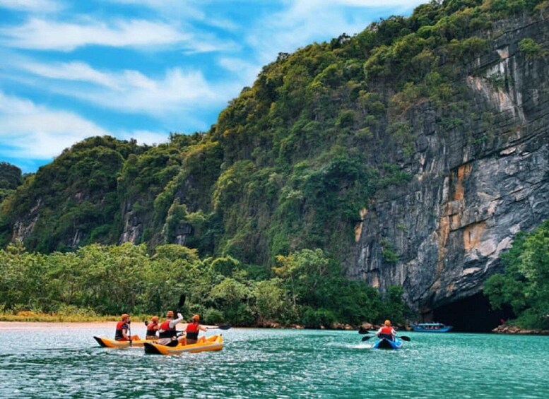 A group kayaking on a river with a forested cliff in the background. 1