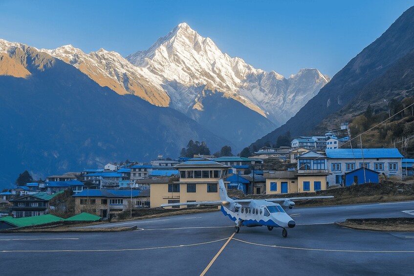 A small airplane on a runway with snow-capped mountains in the background. 3