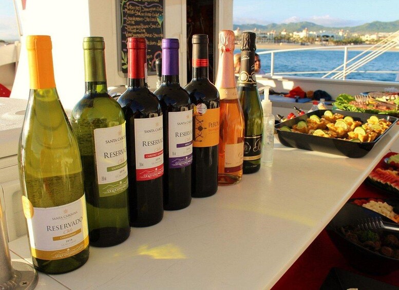 A variety of wine bottles on a table with a view of the sea and mountains in the background. 2