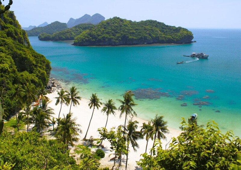 A tropical beach with clear turquoise waters, palm trees, and a small island in the distance. 1