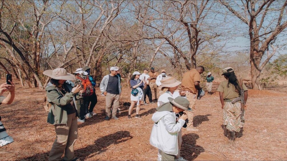 A group of people in a dry, wooded area, some wearing hats and carrying backpacks, likely on a guided tour. 2