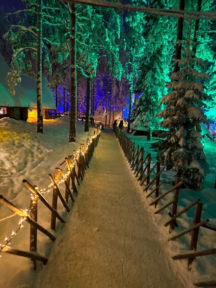 Un sentier enneigé bordé de clôtures en bois et illuminé par des guirlandes lumineuses. 5