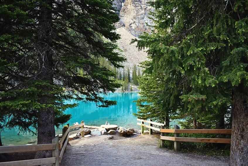 A forested area with a wooden walkway leading to a turquoise lake, surrounded by trees and rocky terrain. 3