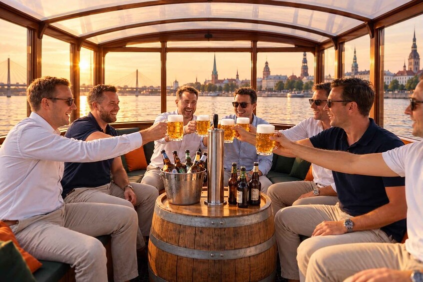 A group of people toasting with beer mugs on a boat with a city skyline in the background. 1