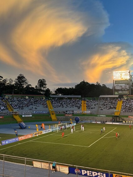 A soccer field with players, a stadium, and a cloudy sky. 2