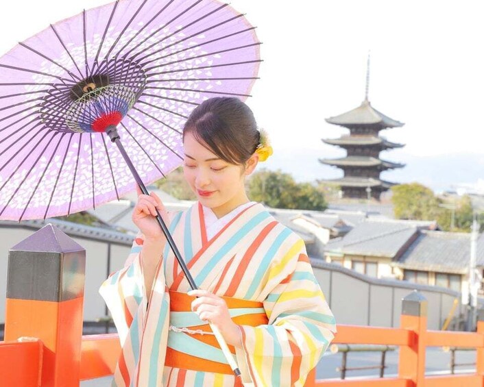 A person in a traditional Japanese kimono holding a purple parasol, with a pagoda in the background. 2
