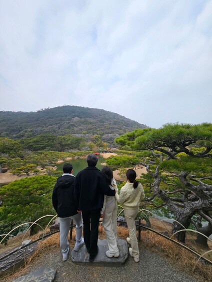 A group of people standing on a viewing platform overlooking a lake with surrounding greenery and hills. 5