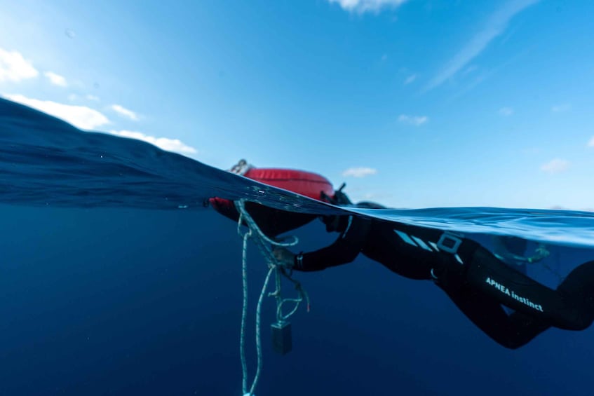 A diver underwater with a red backpack and black fins labeled "APNEA instinct". 3