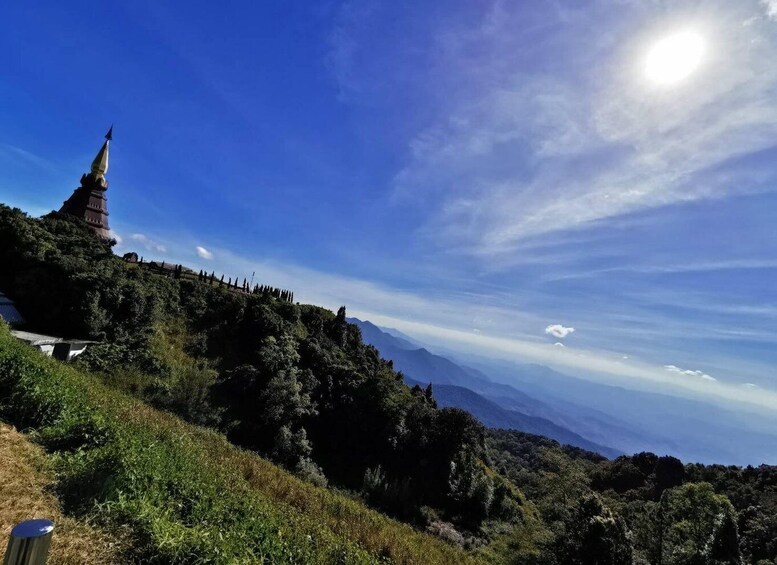 A mountain landscape with a temple on a hill and a clear sky. 4
