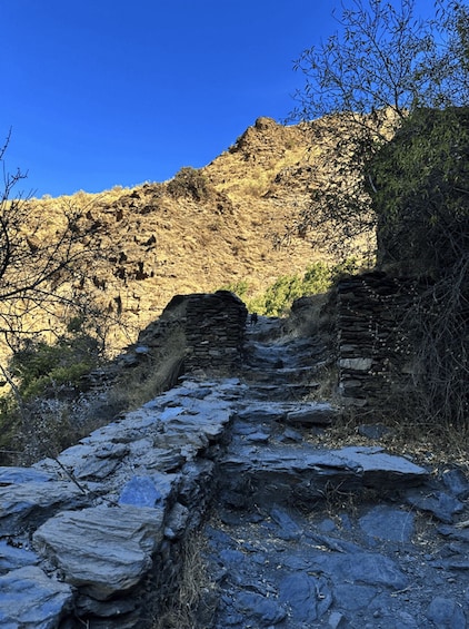 A stone pathway leading up a rocky hillside with sparse vegetation. 2