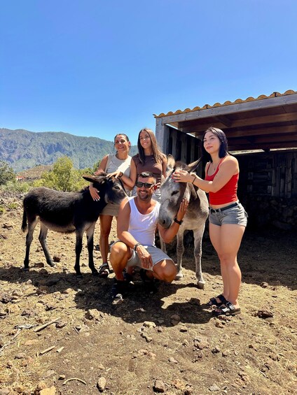 A group of people with donkeys in a rural setting with mountains in the background. 2
