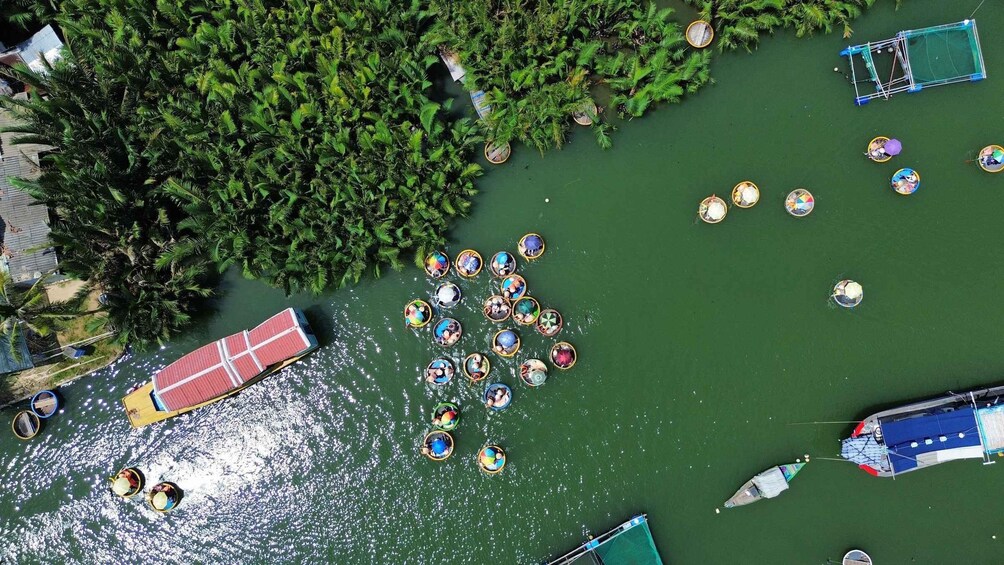 A river with boats and floating platforms. 5