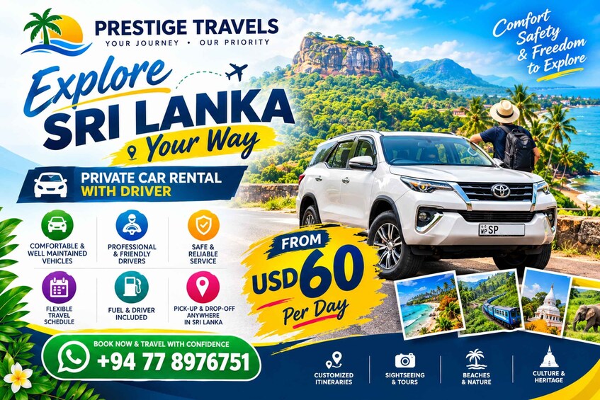 Mainos, jossa esitellään Sri Lankan matkailua ja yksityisen autonvuokrauspalvelun tarjoamia mahdollisuuksia. 1