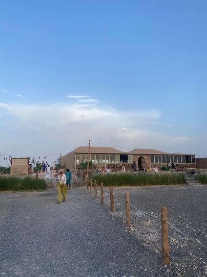 A building with a flat roof and large windows, surrounded by a gravel area with tall grass. 2