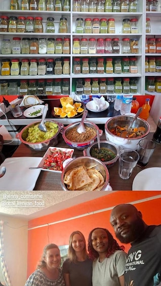 A variety of spices and condiments on shelves, a table with food dishes, and a group of people posing for a photo. 1
