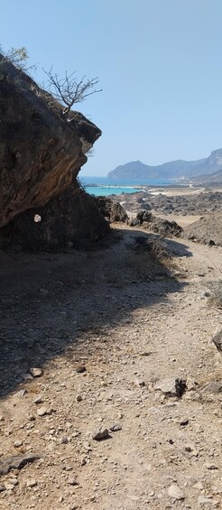 A rocky terrain with a clear sky, a distant coastline, and a barren landscape. 1