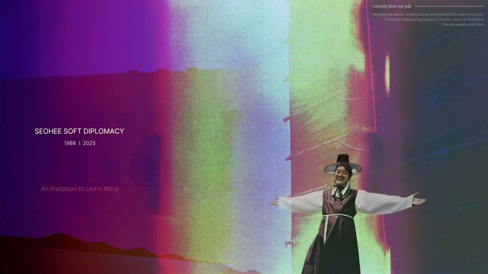 A person in traditional attire with a blurred face, standing with arms outstretched. Text on the image reads "SEOHEE SOFT DIPLOMACY 1988 | 2025" and "An Invitation to Learn More." 1