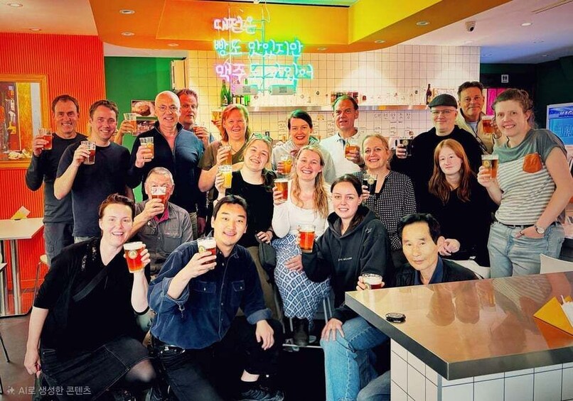 A group of people in a brightly lit indoor setting, possibly a bar or restaurant, with neon signs and tiled walls. 4
