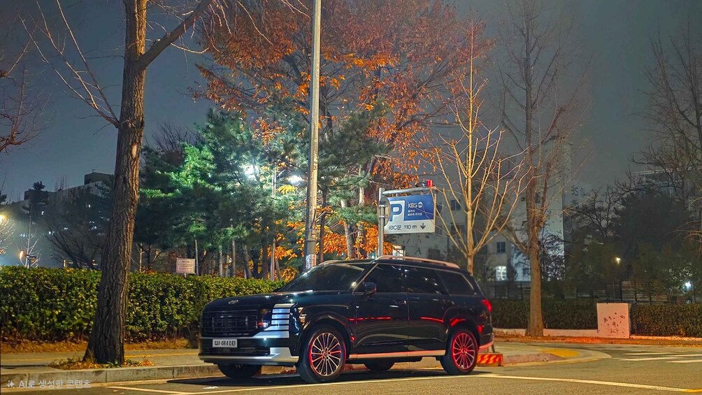 A black SUV parked on a street at night with autumn trees in the background. 3