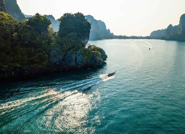 A boat on a calm sea with rocky cliffs and dense foliage along the shore. 5