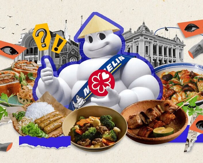 A cartoon character with a sash labeled 'NELIN' surrounded by various dishes and a building in the background. 5