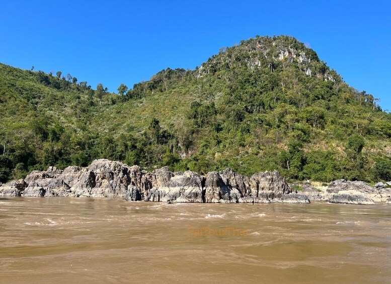 A river with rocky outcrops and a forested hill in the background. 5