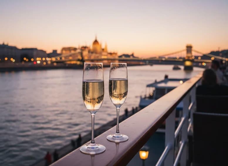 Two glasses of white wine on a balcony overlooking a river with a bridge and city skyline in the background. 1