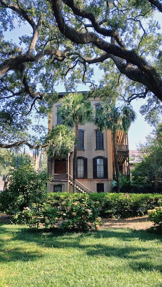 A historic building with a large tree in front, surrounded by well-maintained grass and shrubs. 3