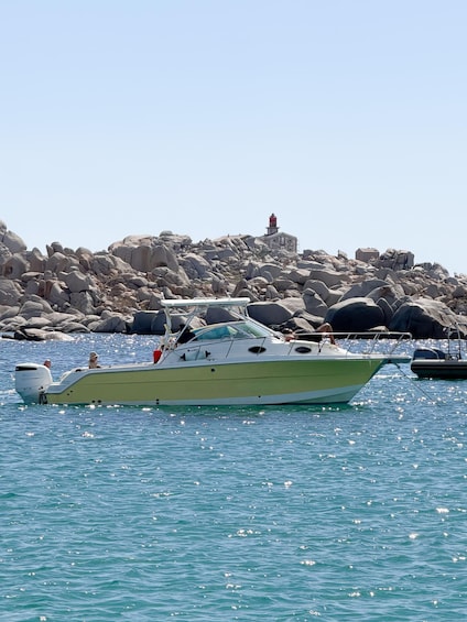 A green and white boat on calm water with a rocky shoreline and a lighthouse in the background. 2