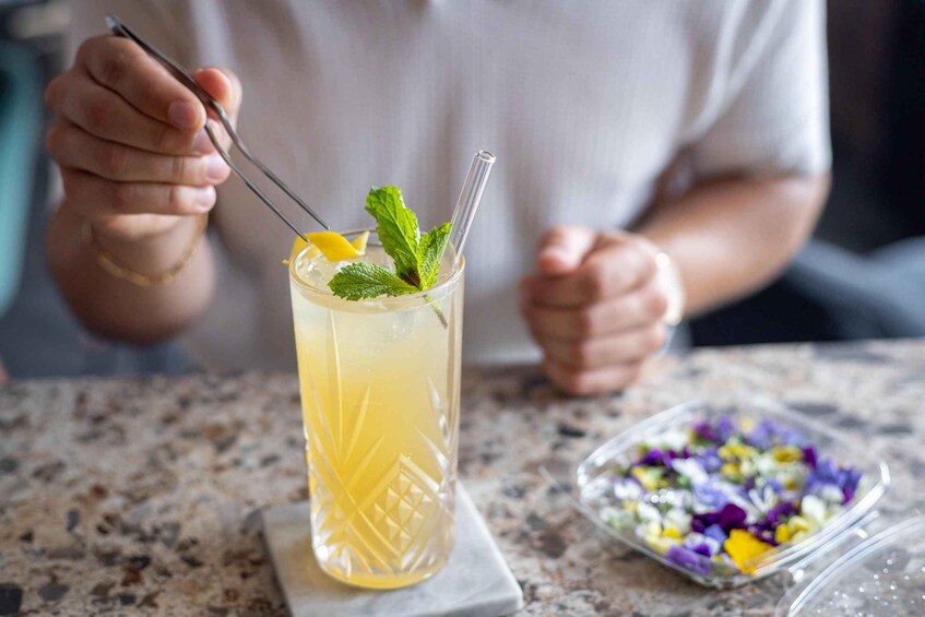 A person holding a straw in a tall glass with a lemon slice and mint leaves. 1