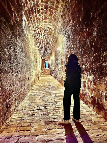 A person standing in a stone tunnel with a brick floor and a brick wall on one side. 2
