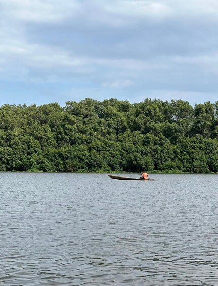 A person paddling a canoe on a calm lake with dense forest in the background. 1