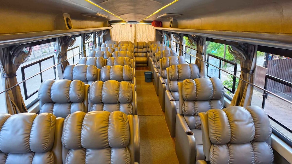 A train interior with leather seats and overhead luggage compartments. 5