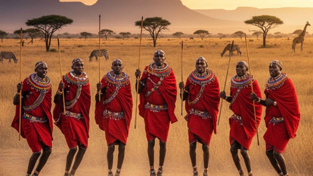 A group of Maasai warriors in traditional red attire walking through a savannah landscape with acacia trees and giraffes in the background. 3