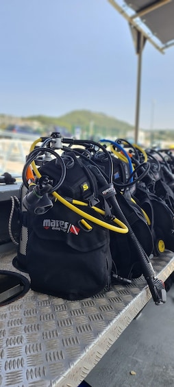 A row of black diving bags with yellow and blue straps on a metal surface. 5