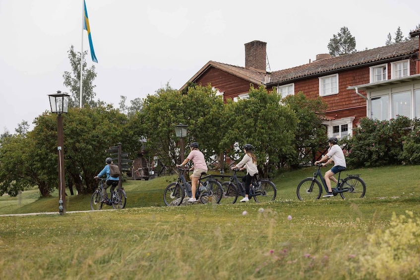Three cyclists on a grassy path with houses and trees in the background. 2