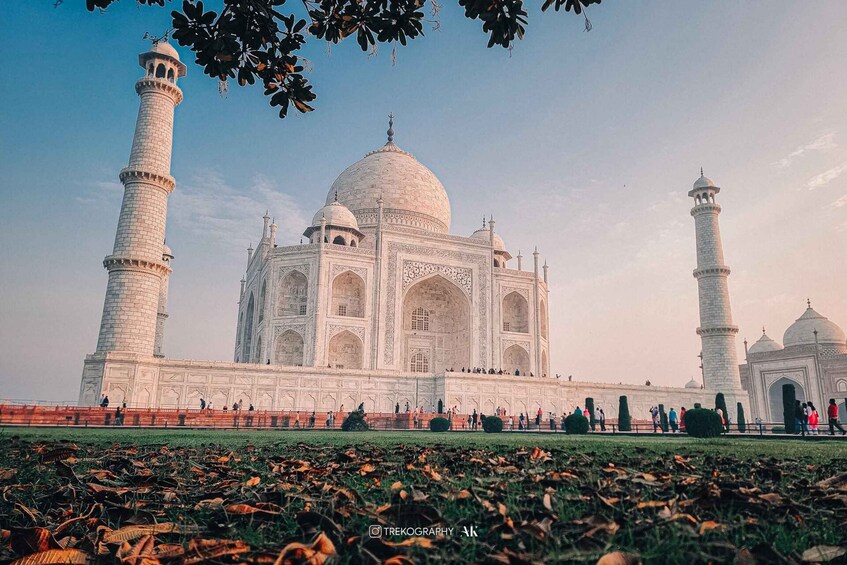 The Taj Mahal with its four minarets and large central dome, surrounded by a grassy area with fallen leaves. 3