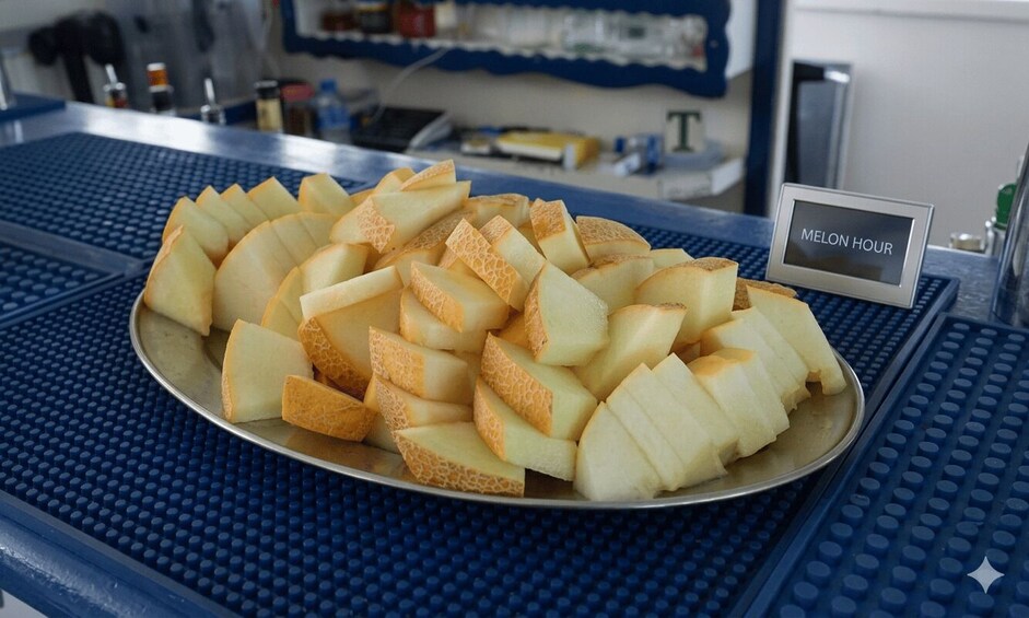 A plate of sliced melon on a blue surface with a sign reading 'MELON HOUR'. 5