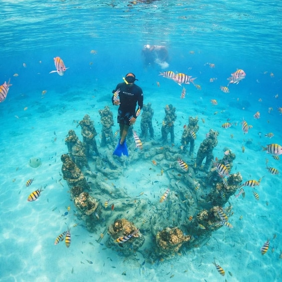 A diver surrounded by a school of fish and coral formations underwater. 3
