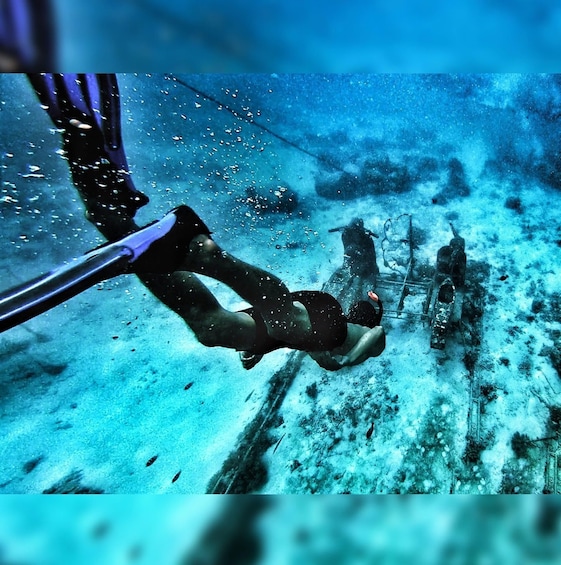 A diver descending underwater, surrounded by marine life and submerged structures. 4