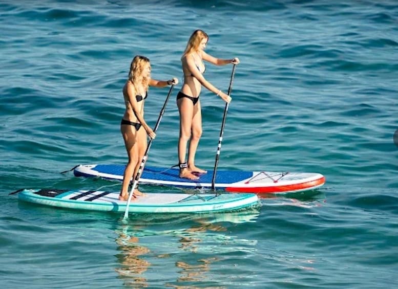 Two people paddleboarding on a calm sea. 3