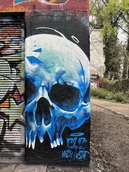 A graffiti of a blue skull on a wall with a closed shutter. 5