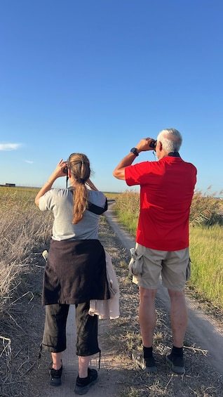 Two people walking on a dirt path in a field with a clear blue sky. 3