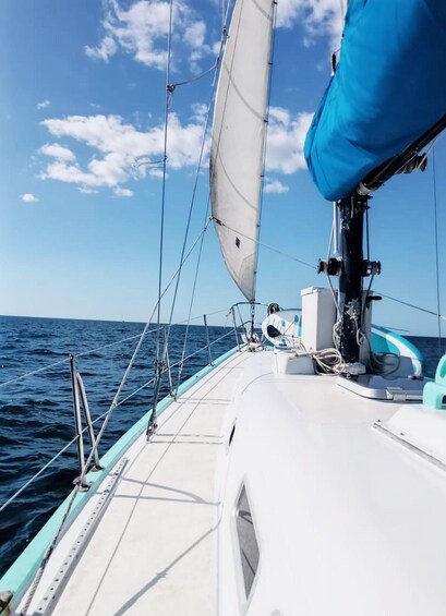 A sailboat's deck with a blue cover, white sails, and a clear blue sky. 3