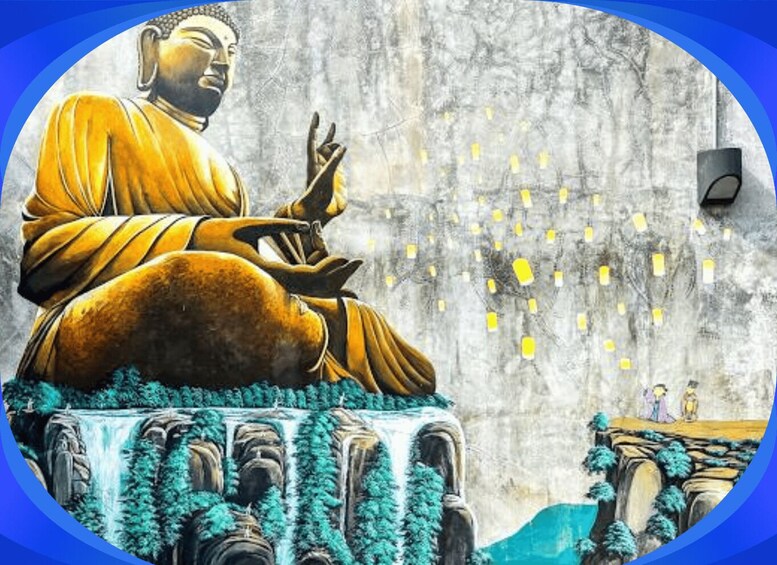 A large Buddha statue on a cliff with waterfalls and a distant figure. 4